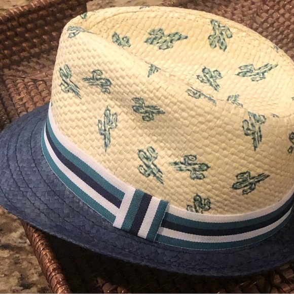 Toddler Cream and Blue Fedora Hat with Tropical Pattern - Picture 7 of 8